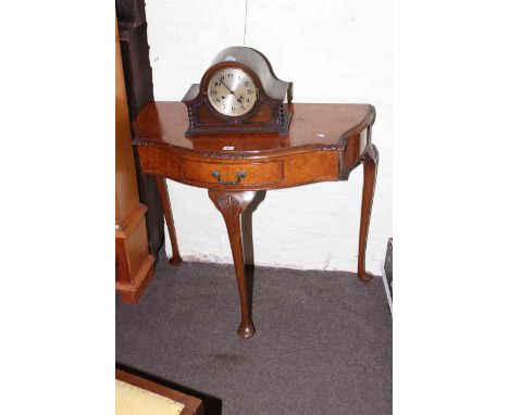 Burr walnut shaped front console table and 1920's oak mantel clock (2).