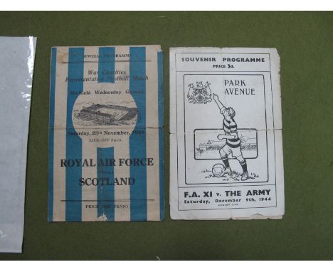 1944-5 F.A XI v. The Army at Bradford, four page programme dated 9th December 1944, R.A.F v. Scotland at Hillsborough dated 2
