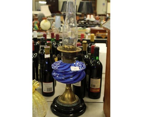 Oil lamp a/f blue glass reservoir