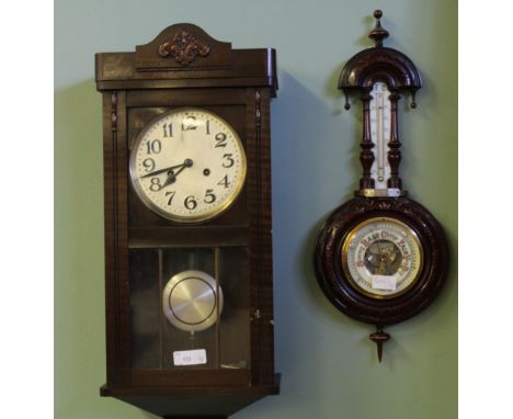 Oak wall clock and barometer
