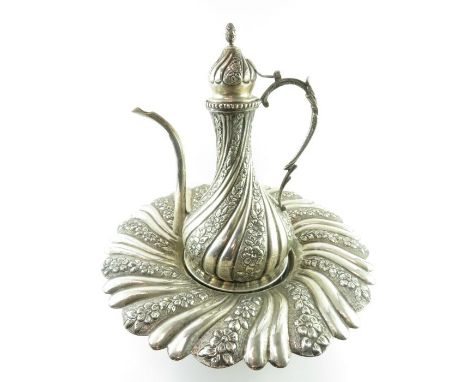 A rosewater jug and basin, stamped ’Tavra’ and ‘900’, decorated with alternating plain and foliate written gadrooning, 1920g 