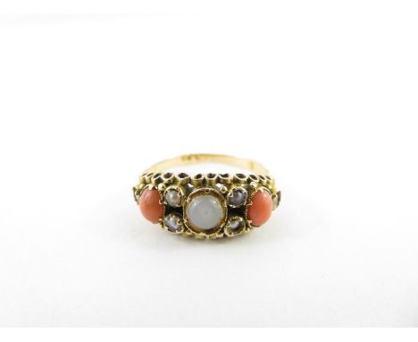 A late Victorian coral and simulated pearl ring, tests as 14-15ct gold, finger size M, 2.1g gross