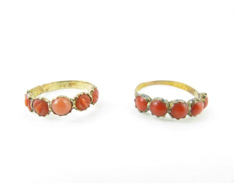 A Victorian coral ring, finger size N 1/2; and another similar, finger size K 1/2, both test as 9ct gold, 2.93g gross