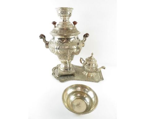 A Turkish silver coloured samovar with shaped tray, unmarked, with a small teapot and bowl, both with Tughra mark