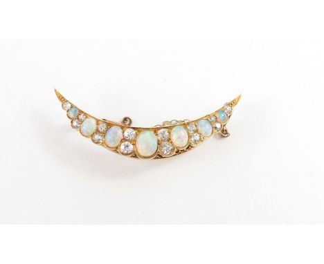 A late Victorian opal and diamond crescent brooch, the graduated cabochons with pairs of old brilliant cuts between, detachab