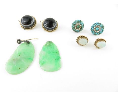 A pair of Victorian banded agate earrings; a pair of opal ear studs; a pair of jade drop earrings; and a pair of turquoise cl