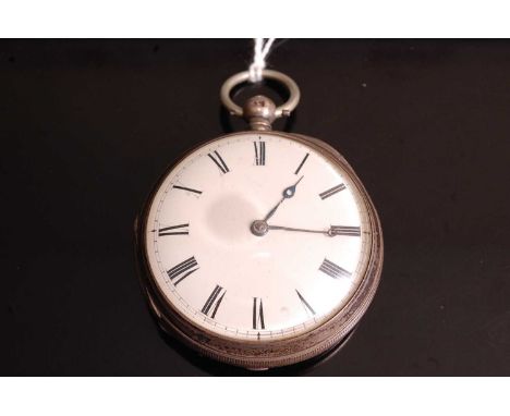 A late Victorian silver cased open faced pocket watch, having a convex enamelled dial with Roman numerals, keywind movement, 