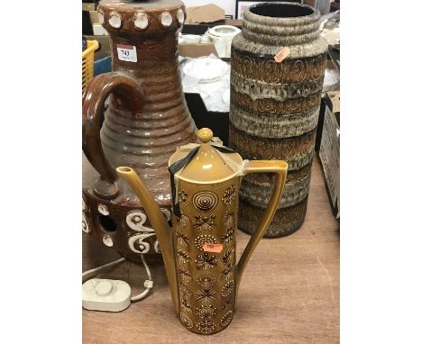 A 1970s earthenware vase, with impressed decoration, height 42cm, together with a similar table lamp and a coffee pot