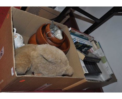 Two boxes of miscellaneous items, to include various teak bowls, modern Ark Toys plush teddy-bear, Aynsley bone china teapot 