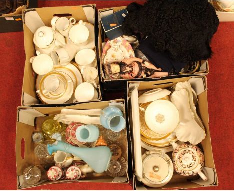 Four boxes containing a collection of glassware and ceramics, to include a Royal Chelsea Imari palette porcelain teapot, a Ro