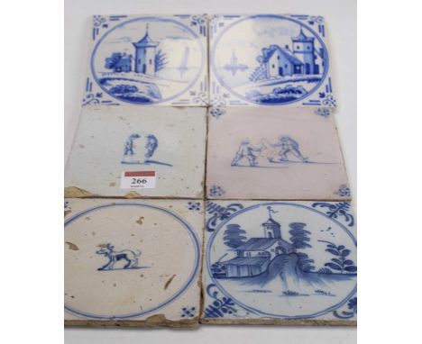 A pair of 19th century Dutch Delft blue &amp; white tiles decorated with a church by the sea, 13x13cm, together with four oth