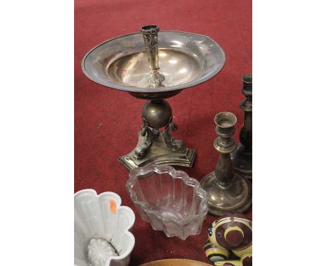 A box of mixed items to include a silver plated epergne, a Victorian ceramic jelly mould etc