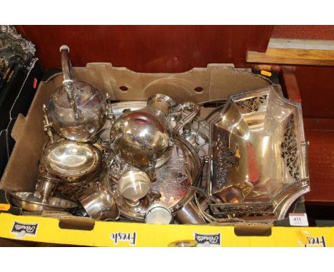 A box of miscellaneous silver plated wares to include a Victorian spirit kettle on stand, silver plated cake basket, chamber 