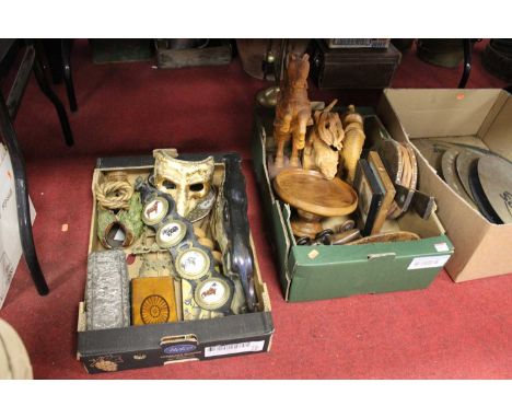 Two boxes of miscellaneous items, to include a treen bowl, oak bellows, lithograph chocolate tin, Jena mantel clock surmounte