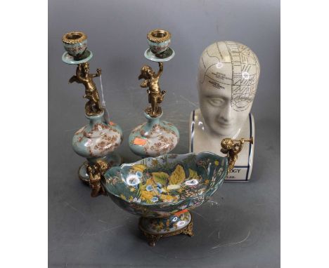 A reproduction phrenology bust, h.30cm; together with a pair of Rococo style figural table candelabra; and a similar centrepi