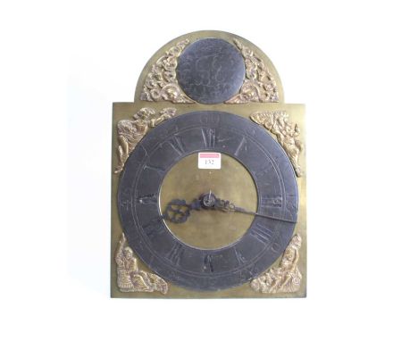 An 18th century longcase clock movement, the 11" arched brass dial with a matt chapter ring, having Roman numerals and Arabic