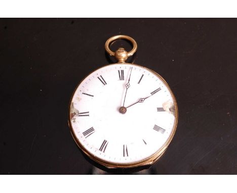 A 19th century Swiss 18ct gold cased open faced pocket watch, having engine turned back cover, white enamel Roman dial (badly