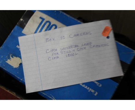 A box of ten cameras to include a polaroid PDC digital camera and a Cima Universal lamp for a cine camera