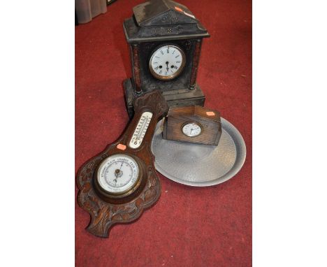 An aneroid barometer; 1920s style clock; pewter platter; and a 19th century slate mantel clock (4)