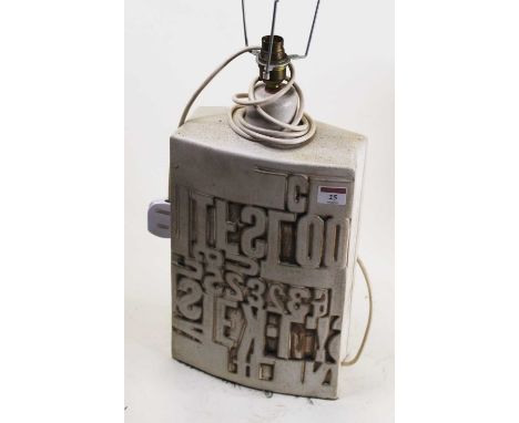 A modern earthenware table lamp, of slab form, inscribed with letters and numerals, h.44cm