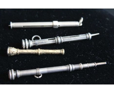 Two engine turned silver tooth-picks, each with propelling action; together with one other miniature silver propelling pencil