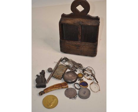 A collection of miscellaneous items to include a 19th century oak wall hanging hymn number box? height 22cm, a silver pocket 