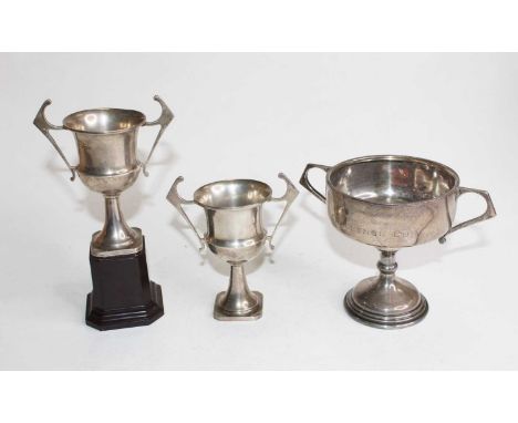 A George V silver trophy cup, having twin handles, on knopped stem and circular footrim, engraved for the Eastbourne Gun Club