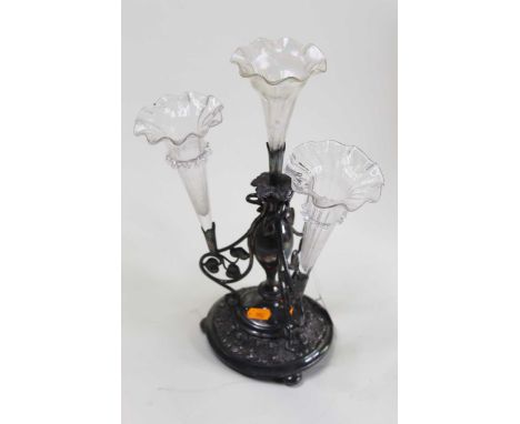 An early 20th century silver plated and glass table epergne, decorated with stylised foliage, h.36cm