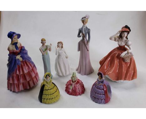 A Coalport porcelain lady's fashion figure of Flora, h.20cm; together with seven others to include Royal Doulton and Carltonw