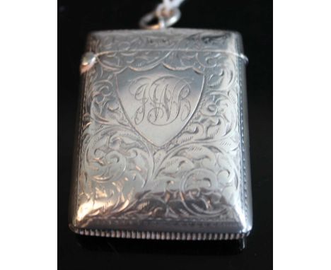 A late Victorian silver and engraved pocket vesta case, with later pendant loop, 5.5cm 