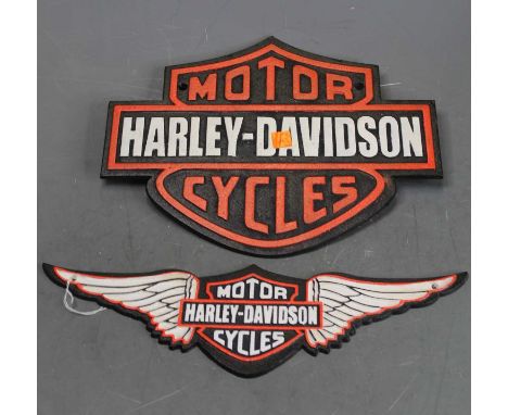 A cast iron Harley Davidson Motorcycles advertising sign, w.33cm; together with one other similar (2)