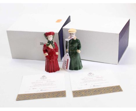 Two Royal Worcester figural candle snuffers, the Motorist Male No. 15/500, and the Motorist Female No. 441/500, each boxed wi