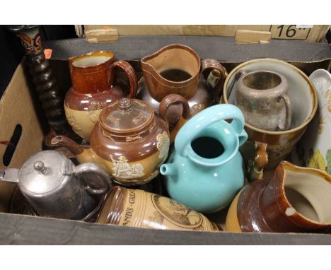 A box of ceramics to include a harvest ware tyg, teapot, jugs, etc