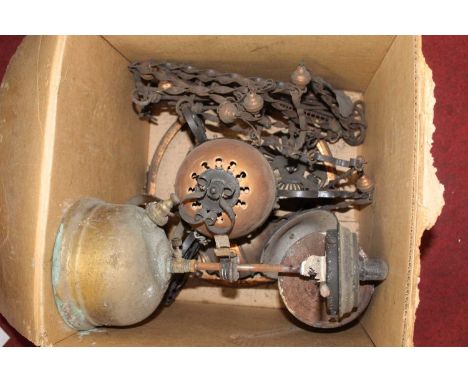 A copper and wrought iron hanging paraffin lamp; together with further metalware effects 
