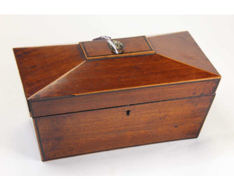 A Regency mahogany and boxwood strung twin compartment tea caddy, of sarcophagus form, w.30cm