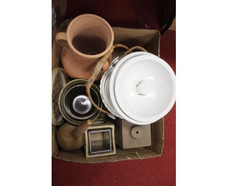 A box of mixed studio pottery to include sundry table bowls, and two white glazed ceramic milk pails and covers