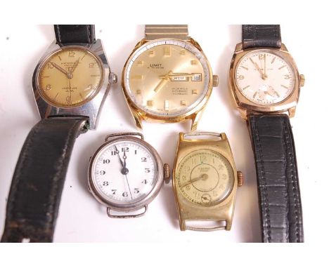 A vintage gent's gilt metal cased manual wind wristwatch; together with four others, to include one with incabloc movement, o