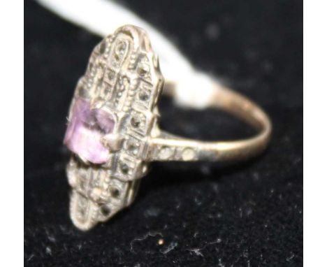 A 9ct gold, silver and amethyst set dress ring, 3.1g, size L