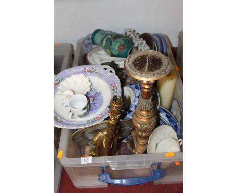 A box containing a collection of ceramics, to include blue and white transfer decorated wares, gilt painted altar stick, and 
