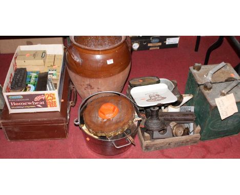 A large collection of miscellaneous items, to include stoneware crock, grocer's scales, ESSO petrol can etc 