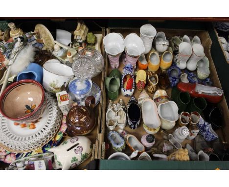 Two boxes containing a selection of ceramics, to include a Doulton Harvestware bachelors teapot, various miniature porcelain 