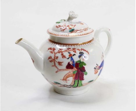 An 18th century Worcester bullet shaped teapot and cover, enamel decorated in the Chinese taste with various figures, h.16cmC