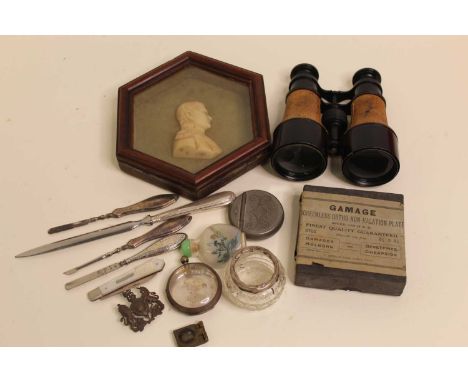 A small collection of miscellaneous items, to include a wax profile portrait bust of Napoleon within mahogany hexagonal mount