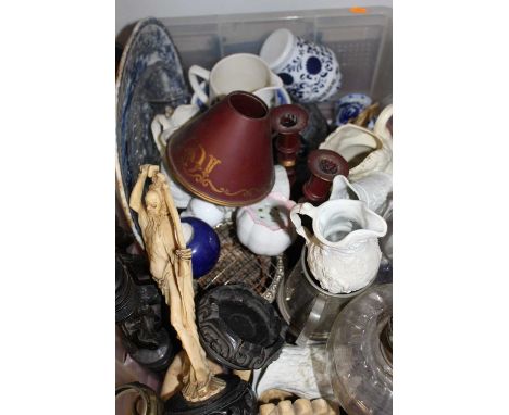 A box containing a collection of various items, to include three Parian moulded jugs, an oil lamp, pewter tankard, pair of ca