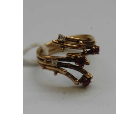 A modern 14ct gold, sapphire and diamond point set half hoop ring, size O, 2.8g; together with a modern 9ct gold, ruby and wh