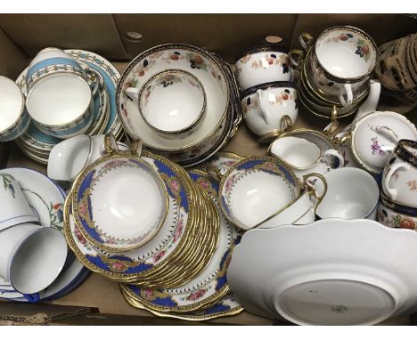 A box of various porcelain tea wares to include Royal Albert, Melba, Gladstone and Victoria