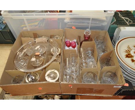 Two boxes of cut and coloured glassware to include a ruby overlaid cordial set
