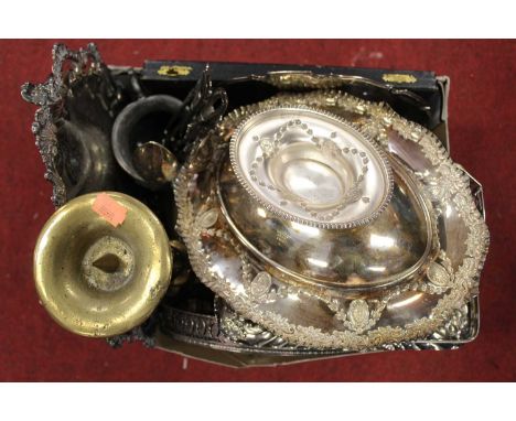 A box of miscellaneous metal ware to include a pair of French silver plated serving spoons, a Victorian silver plated cake ba