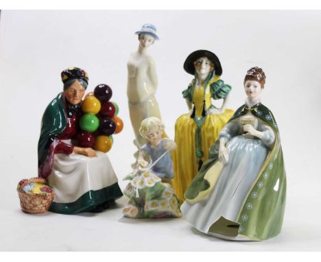 A Royal Doulton figure Patricia, h.22cm; together with a Royal Worcester figure of May, h.13cm; a Royal Doulton figure of Eli