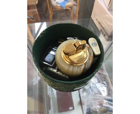Onyx lamp and box of lighters 
